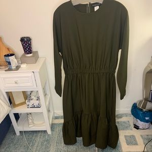 Olive Green Modest Dress w/ Cinched Ruffle Accents